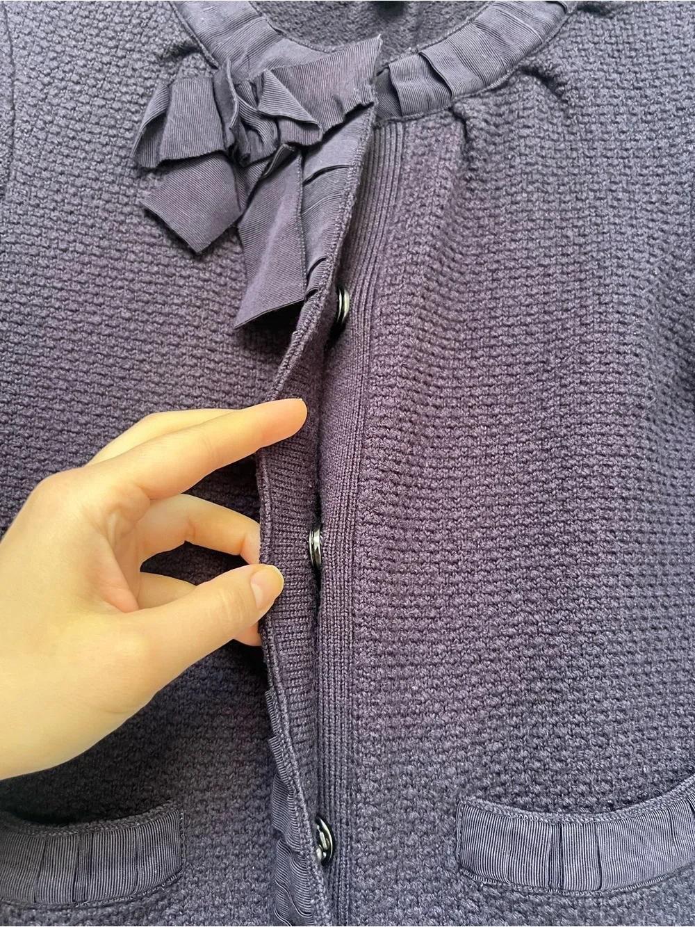 EUC Ann Taylor Plum Knit Cardigan with Neck Bow and pockets size medium - Picture 7 of 9